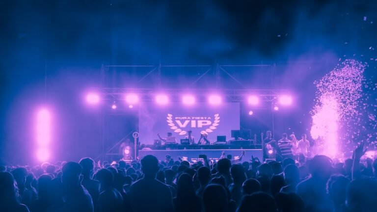 Crowd watching a live event under colourful stage lighting