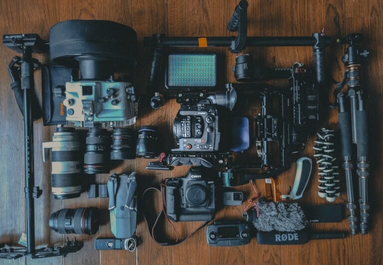 Flat lay of camera and videography gear